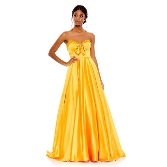 Mac Duggal Front Bow Strapless Sweetheart Prom Dress Ball Gown Yellow Size 4 NWT - Picture 1 of 12